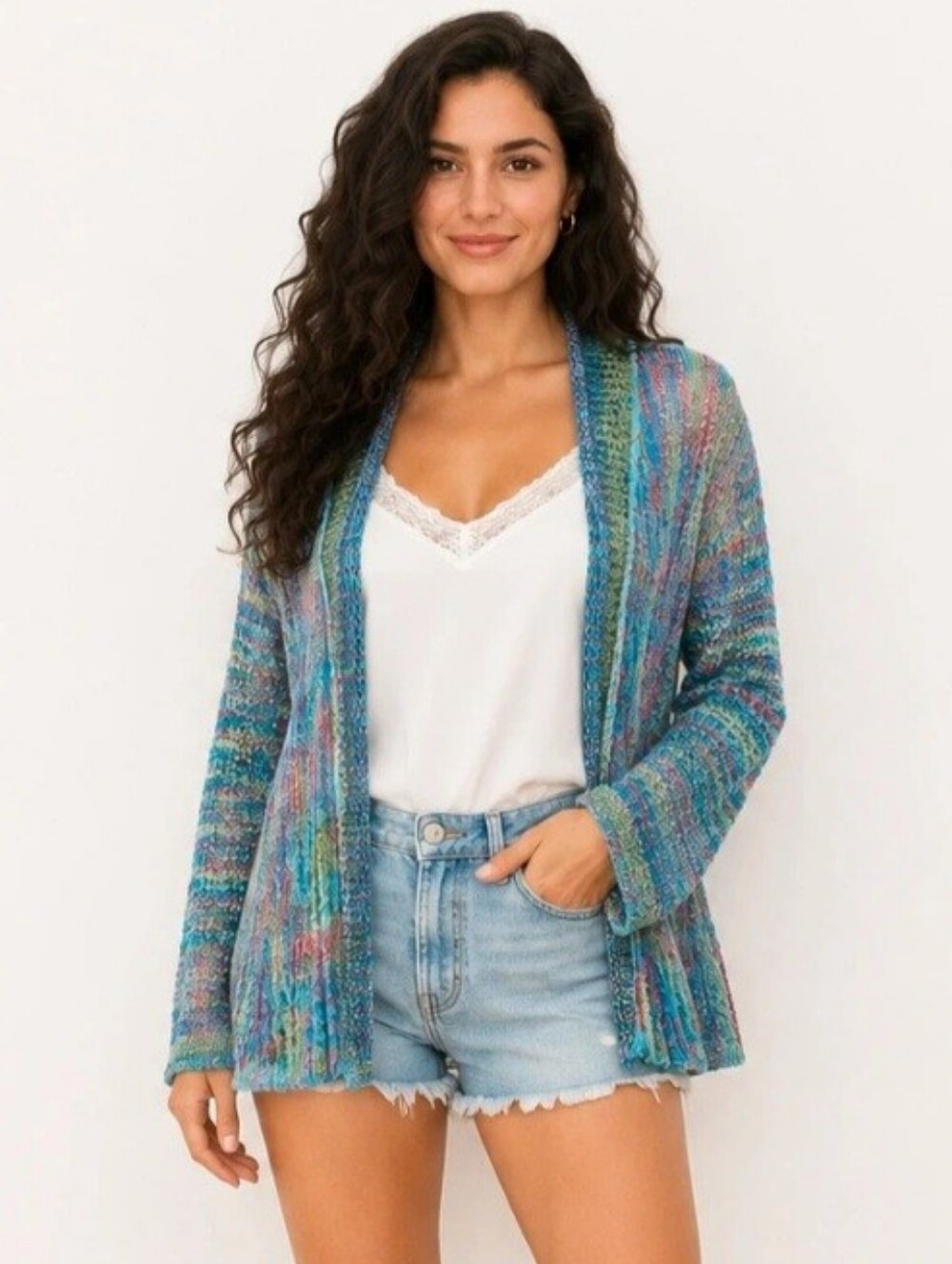Krazy Kat Blue Multicolor Open Knit Cardigan Lightweight Boho Sweater M